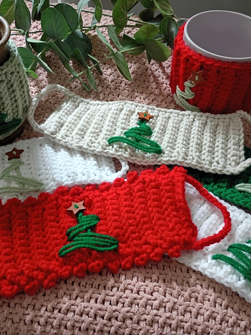 Festive Handmade Crocheted Coffee Mug Hog Cozy with Tree Accent